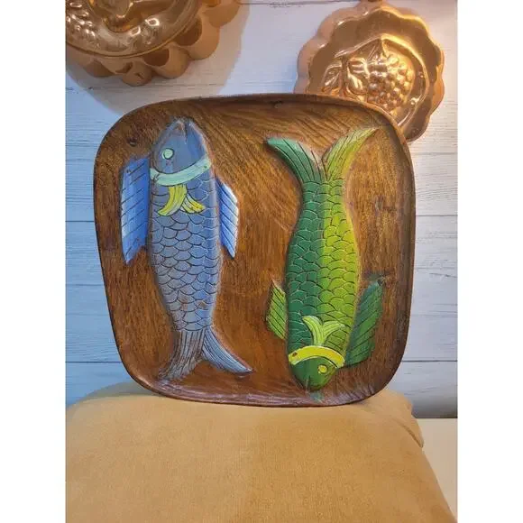 Carved Teak? Wood Tray Fish Wall Haitian Art Marked "The Red Carpet" - Picture 2 of 8